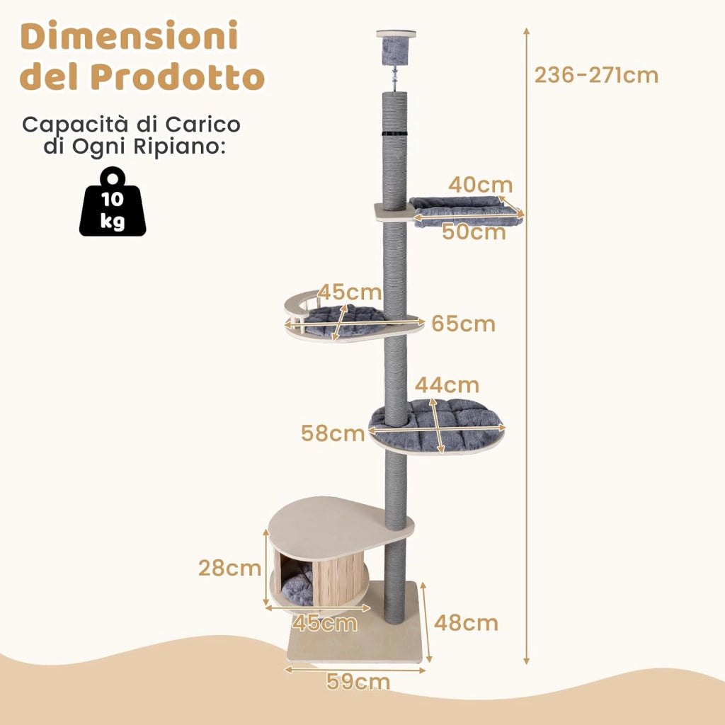 Albero per Gatti a 5 Piani, Tiragraffi per Gatti in Legno con Altezza Regolabile, Piattaforme, Condo, Tiragraffi, Piattaforme e Cuscini, Mobile da Interno per Gattini per Arrampicata