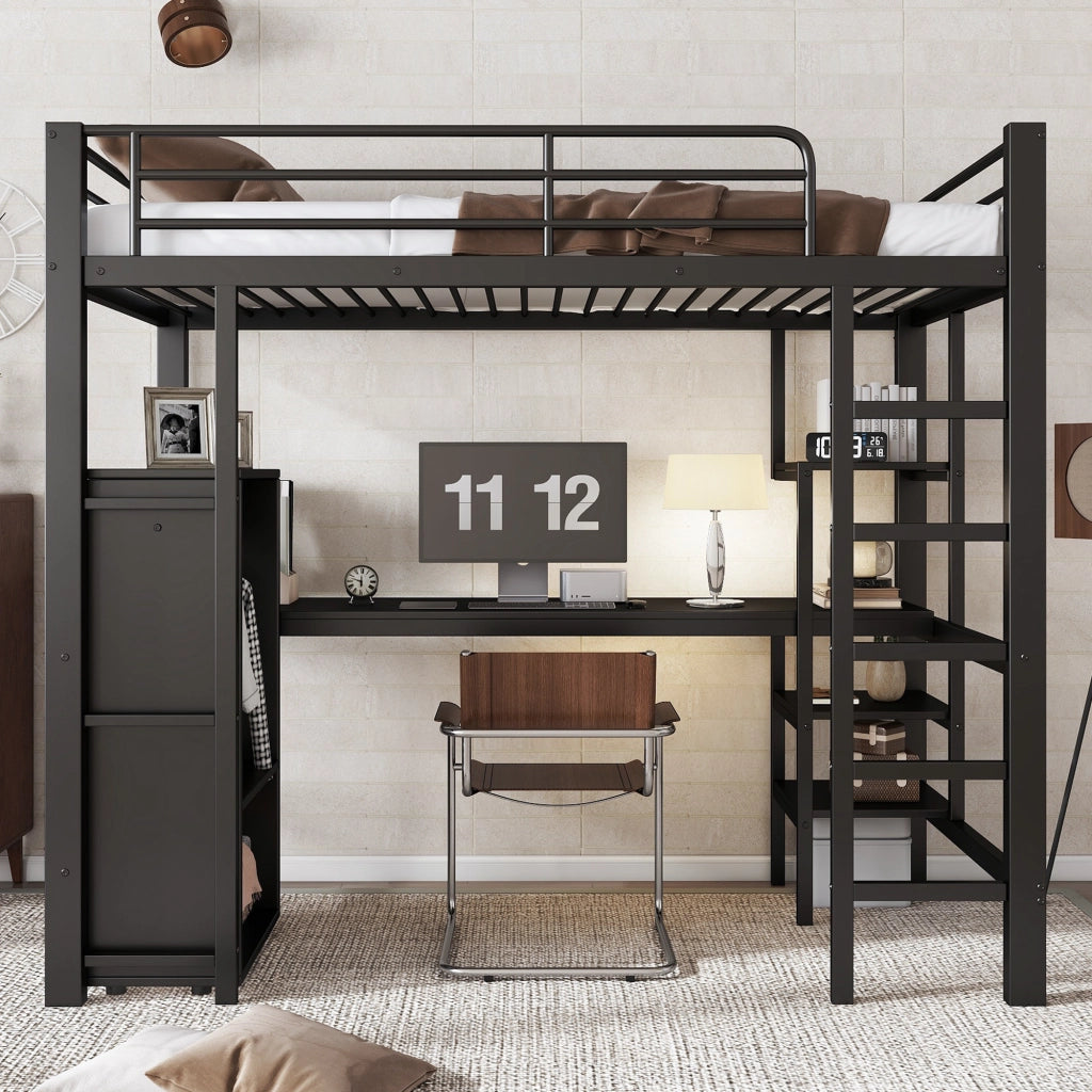 LETTO A CASTELLO 90x200 cm Nero in Metallo con Scrivania e Armadio