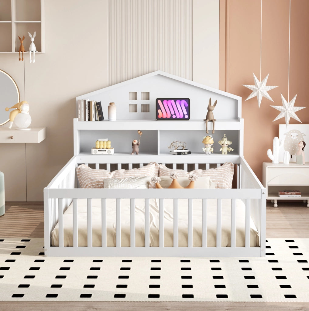 Letto per bambini 140x200 cm con sponde; porta e lavagna; bianco