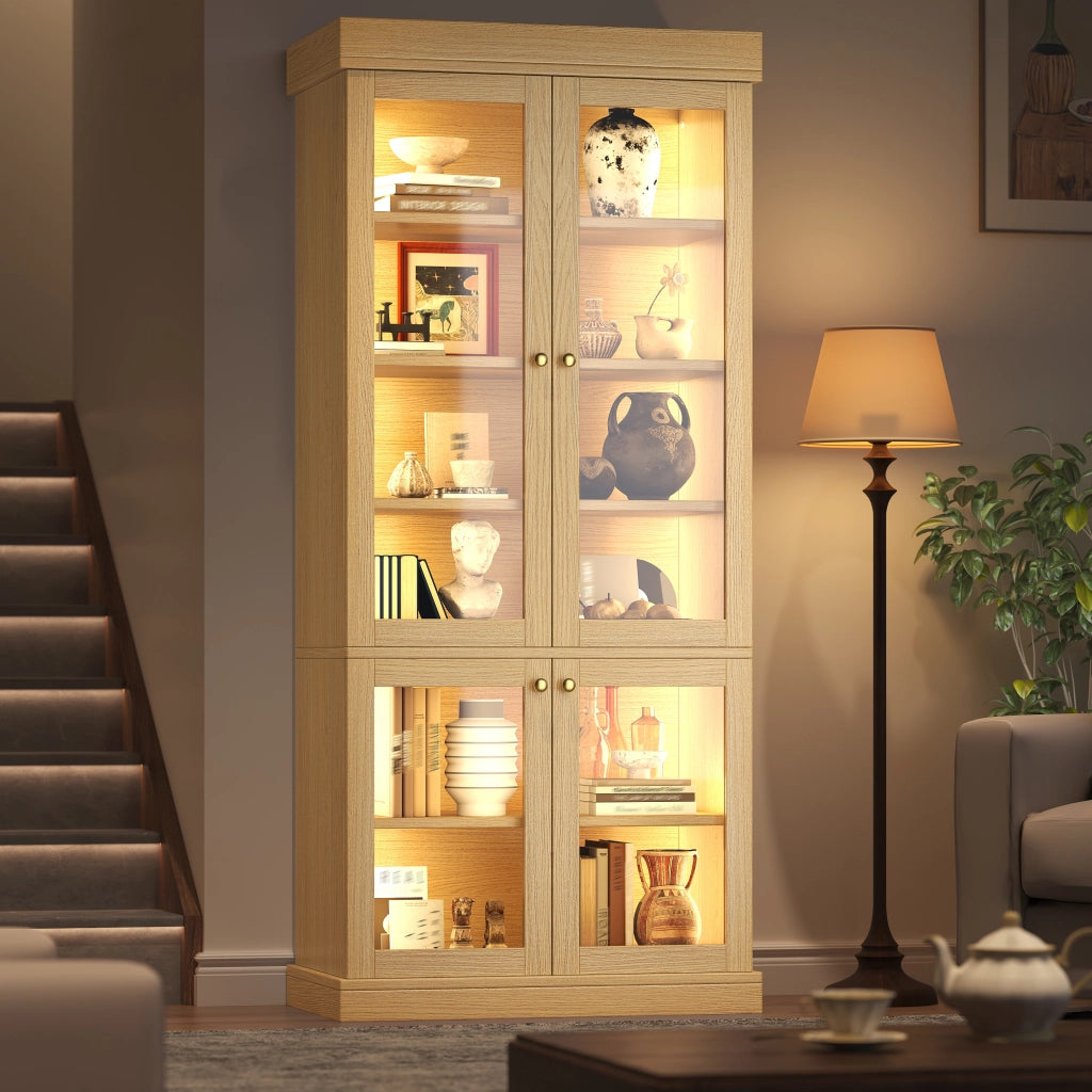 Armadio alto con LED; 2 sistemi antiribaltamento e ripiani - per soggiorno - 80x40x180 cm - in MDF e vetro - legno naturale