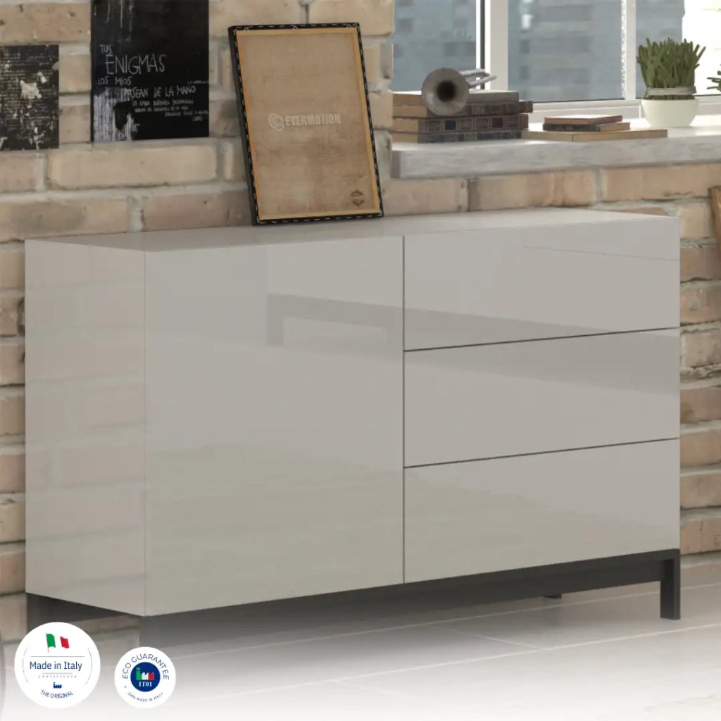 Credenza madia soggiorno 110cm con anta e 3 cassetti bianco lucido Metis Up Three