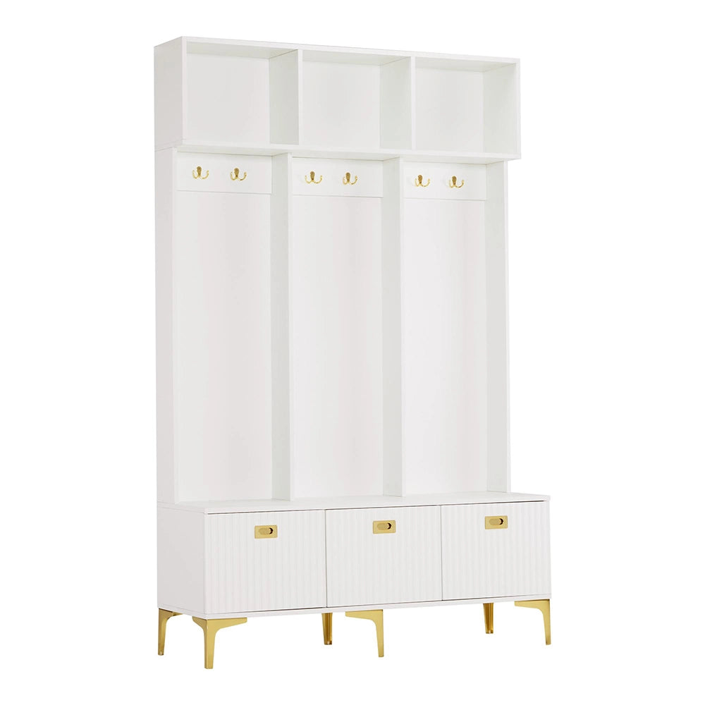 Vestiaire con panchina - Xylo - L120xP235xH1915 - Bianco - 6 ganci, gambe dorate, multifunzionale