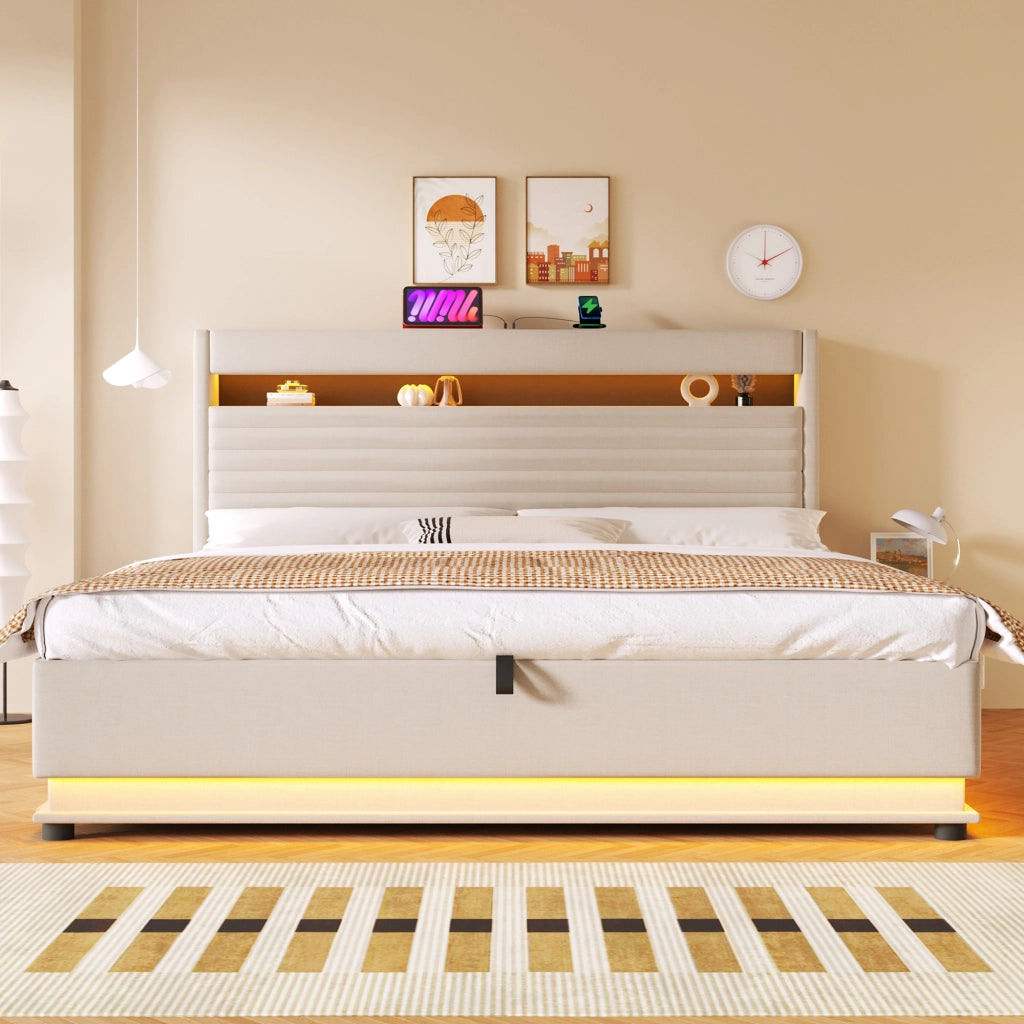 Letti contenitori 180x200 cm; contenitore idraulico con LED e USB; lino beige (Senza materasso)