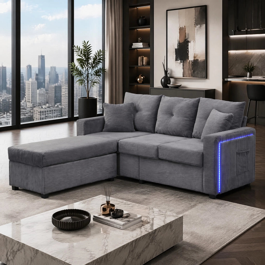 DIVANO modulare a L con pouf, LED, set 5 cuscini, corduroy grigio anticato