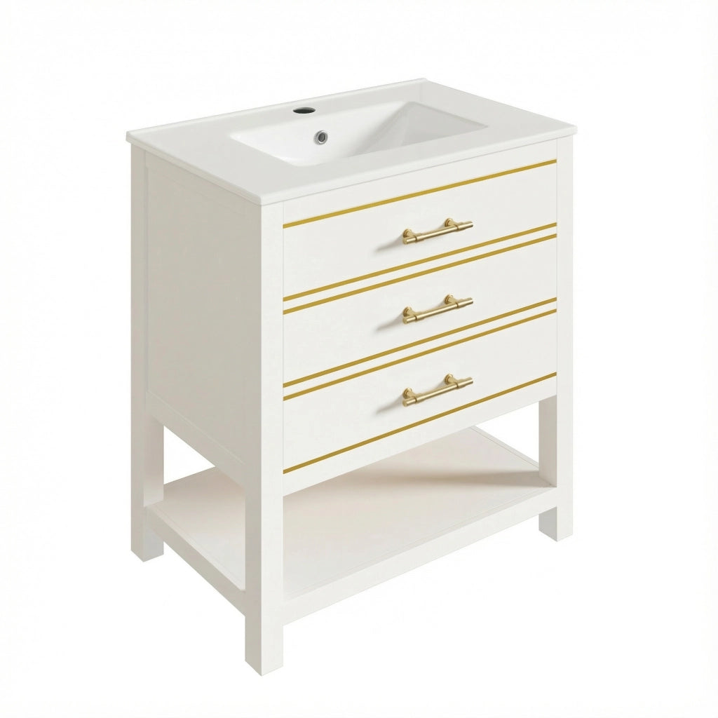 Mobile sottolavabo con lavabo in ceramica, 2 cassetti e vano aperto, finitura lucida, per bagno, bianco oro, 76 cm