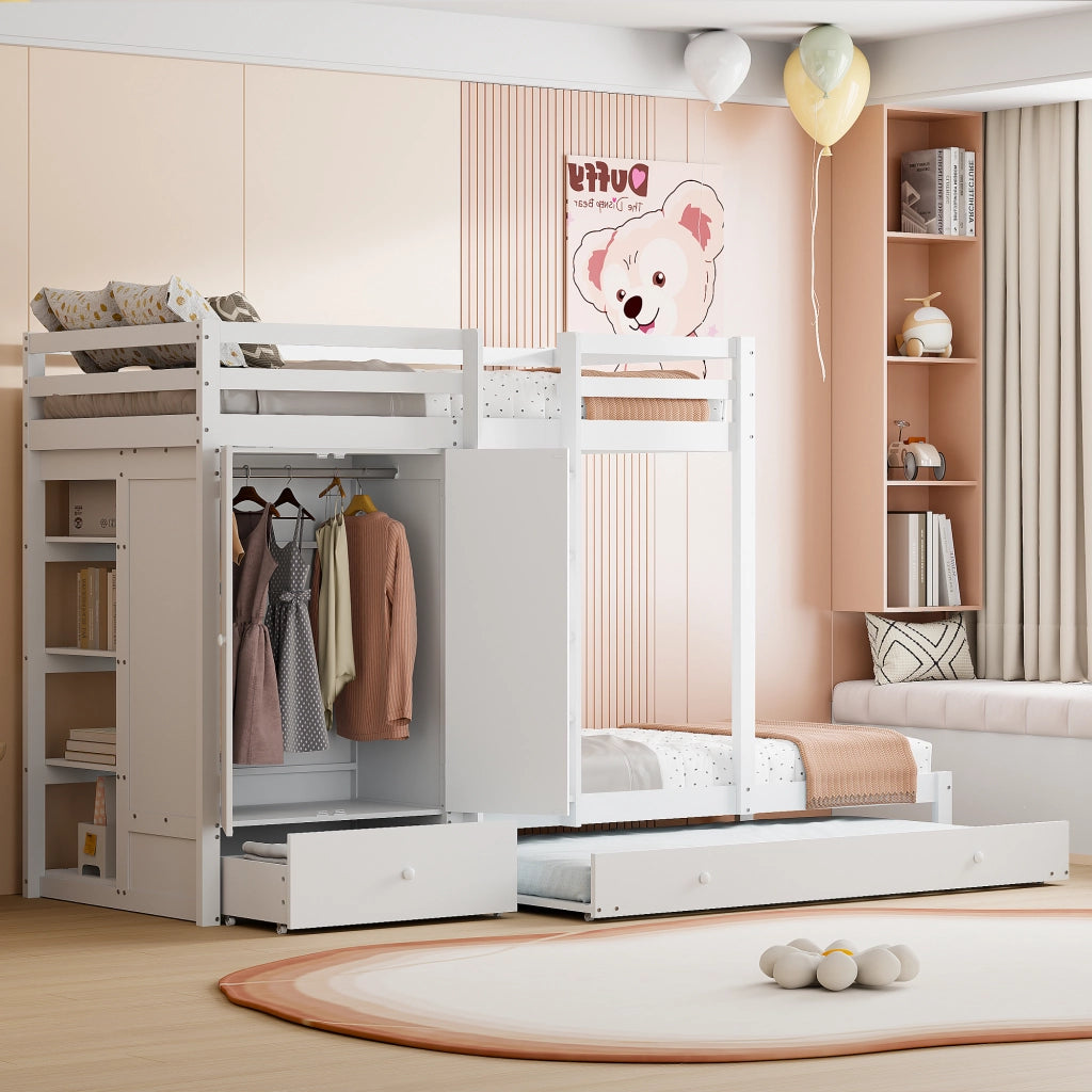Letto a Castello 90x200 cm con Ausziehbett; Armadio; Cassetti; Ripiano in Legno Bianco