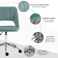 Sedia da Ufficio Ergonomica ad Altezza Regolabile, in Tessuto Vellutato, 49x60x79-91 cm, Verde Petrolio