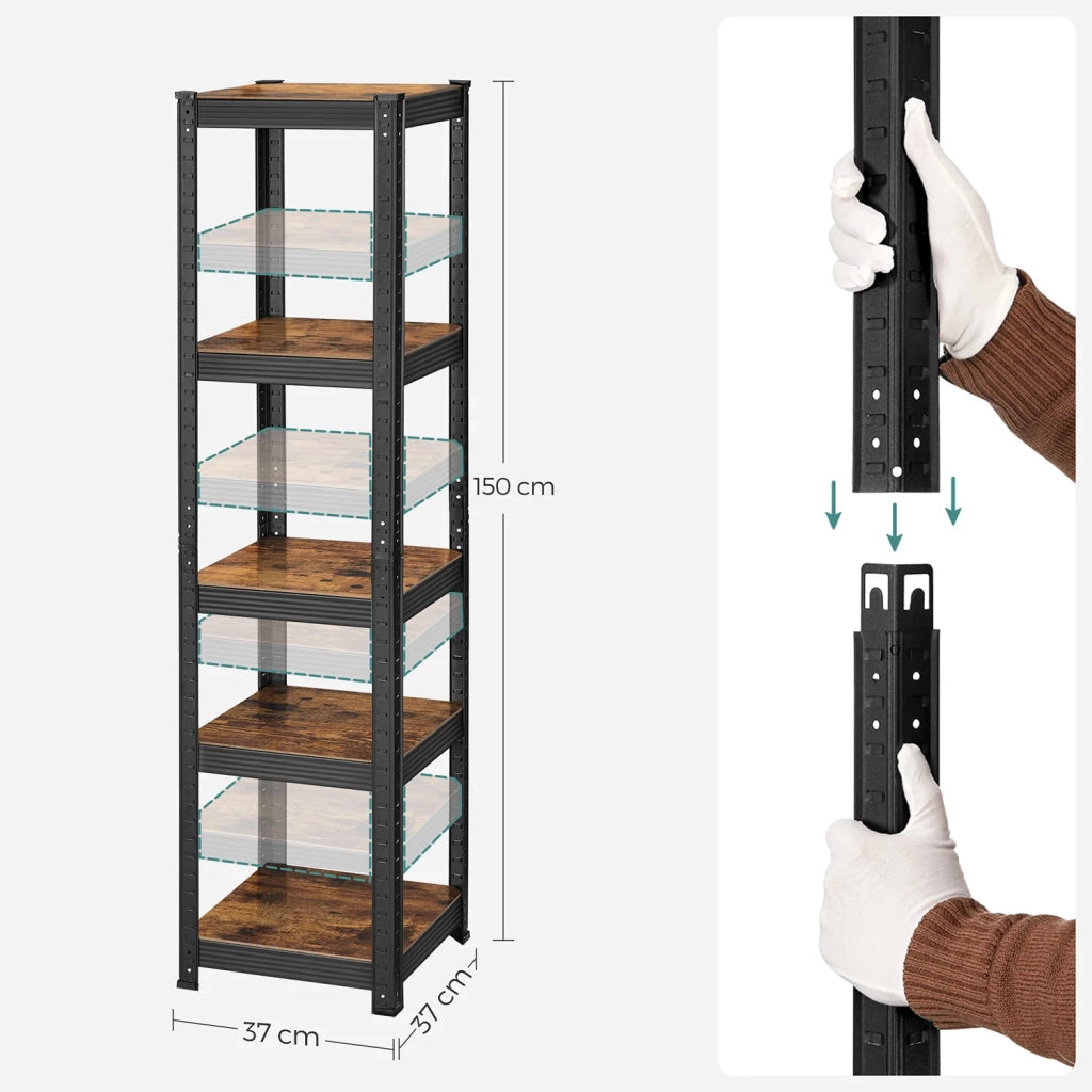 Scaffale robusto a 5 ripiani 150 x 37 x 37 cm capacità di carico 400 kg (80 kg/ripiano) stile industriale ripiani regolabili per soggiorno/cucina marrone rustico e nero 12_0005567