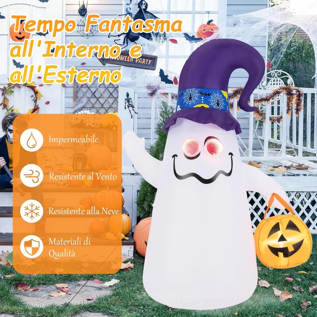 Fantasma Gonfiabile per Halloween 180 cm, con Lanterna di Zucca e Cappello da Mago, Decorazione Gonfiabile per Halloween con Luci LED e Soffiatore Incorporato, per Cortile, Prato e Feste