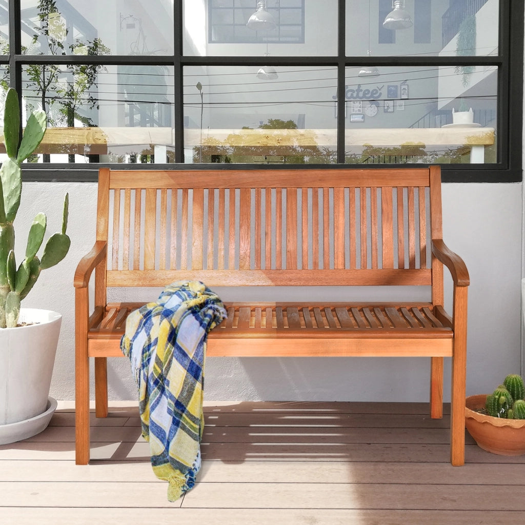 Panchina di legno 126 x 63 x 91 cm, Panchina da giardino per 2 persone con schienale curvo e braccioli ampi