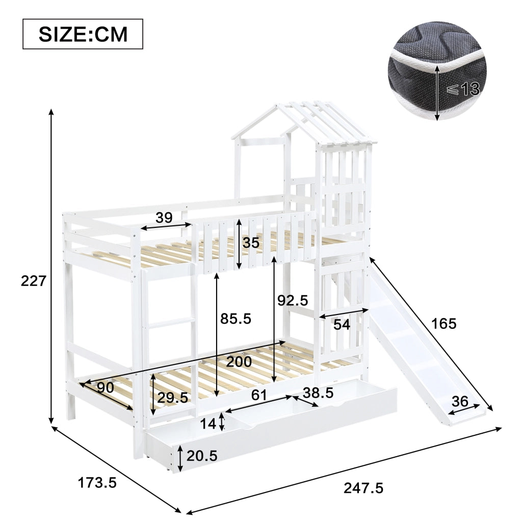 Letto a castello per bambini 90 × 200 cm con grande cassetto con ruote, scivolo, senza materasso, bianco