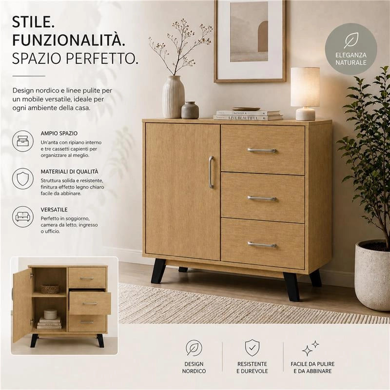 MOBILE MODERNO IN LEGNO CON 3 CASSETTI, 1 ANTA E PIANO D'APPOGGIO COLORE ROVERE DIMENSIONI 80X38X74 CM