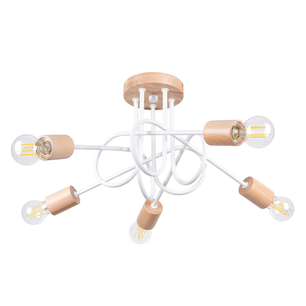 Lampadario loft ad anello bianco/legno 5xE27 Brazza