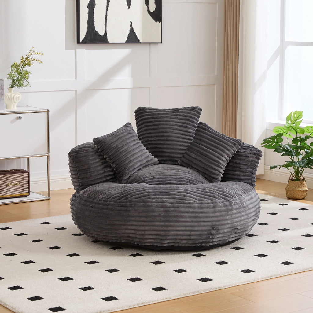 Poltrona Pouf Con Schienale Alto E Braccioli; 3 Cuscini; Seduta Ampia Comfort Lounge; in Velluto A Coste Grigio Scuro