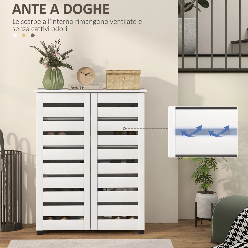Mobile Scarpiera a 5 Livelli con 4 Ripiani Regolabili e Ante a Doghe, in Legno, 76x33Px98 cm, Bianco
