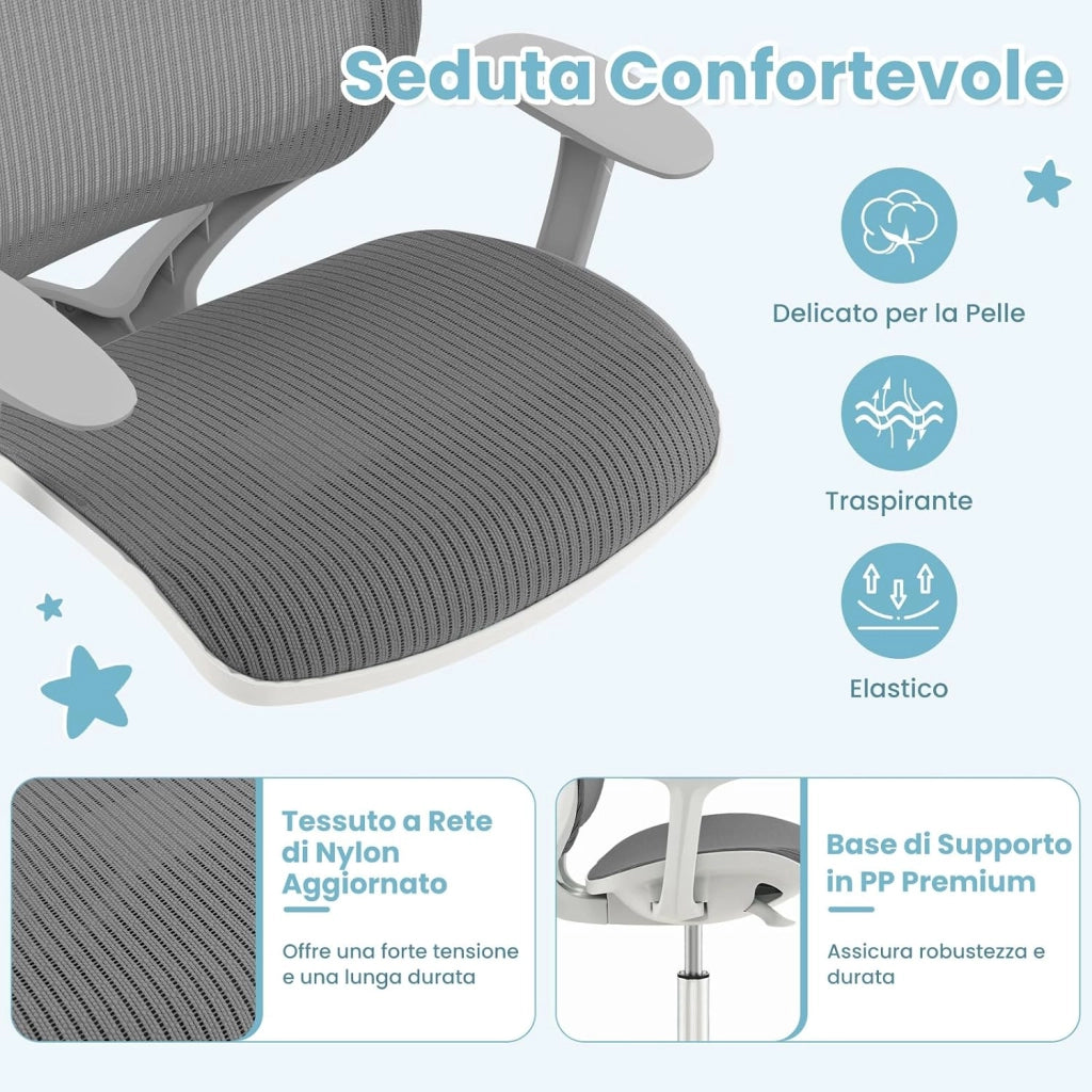 Sedia da Scrivania per Bambini, Sedia Girevole per Computer con Altezza Regolabile, Ruote con Freno, Braccioli Morbidi, Mobile Ergonomica per Bambini 6-15 Anni (Grigio, Rullo di Pressione)