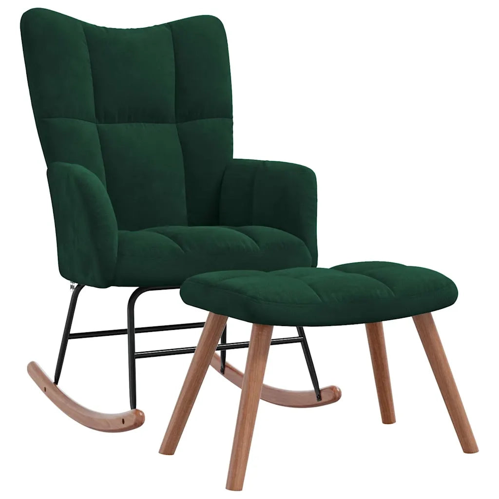Poltrona a Dondolo | Sedia Relax con Poggiapiedi Verde Scuro in Velluto