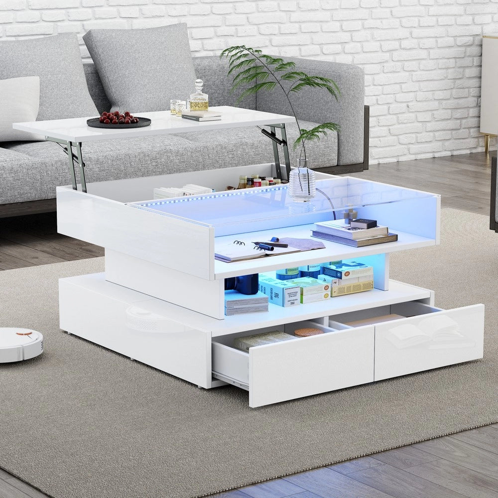 Tavolino da Caff¨¨ con LED e 2 Cassetti ¨C MINIMAL ¨C Vetro Temperato Bianco Lucido 80x80x45