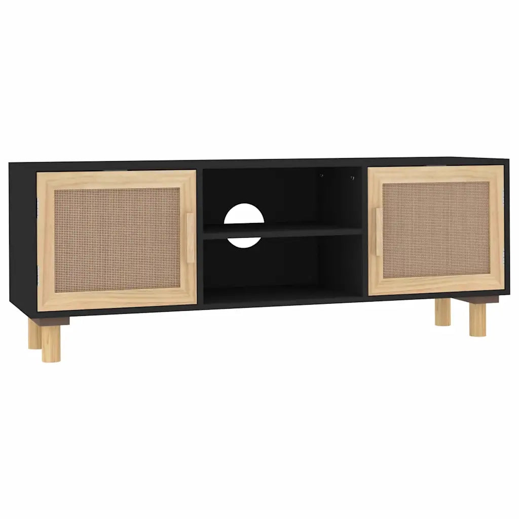 Mobile TV Nero 105x30x40 cm Massello Pino e Rattan Naturale cod mxl 18646
