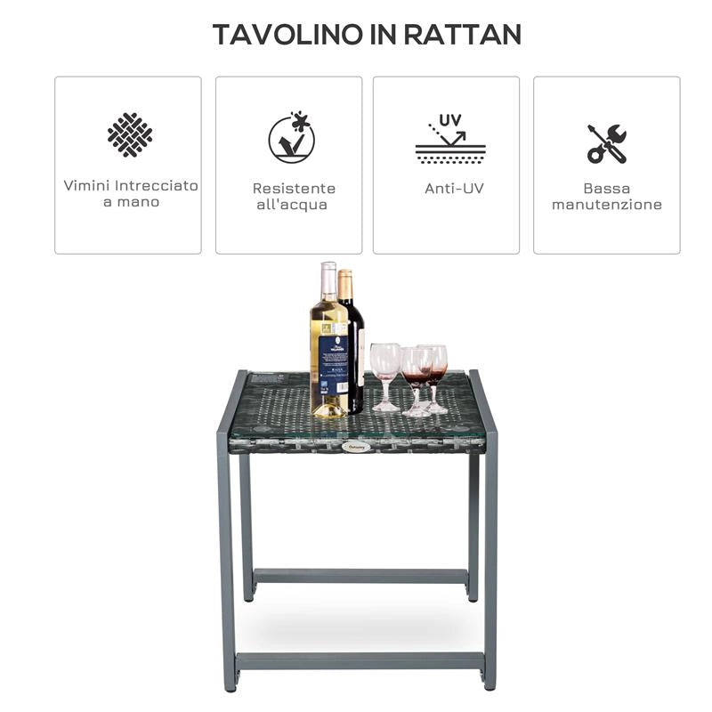 TAVOLINO DA ESTERNO CON STRUTTURA IN ALLUMINIO E PE RATTAN OIANO IN VETRO GRIGIO