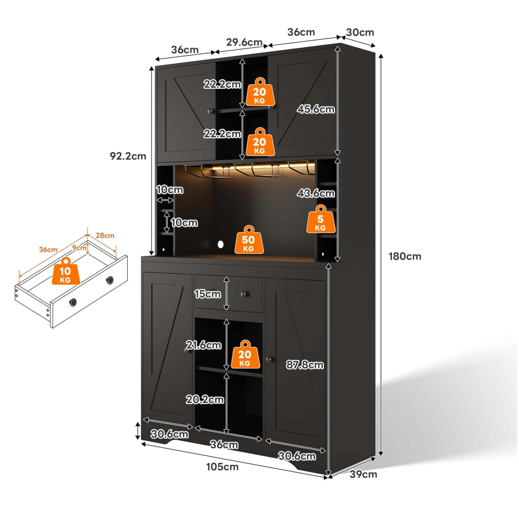 Buffet da cucina alto 180x105x40 cm con LED RGB, prese integrate, cassetto e portasciuggetti