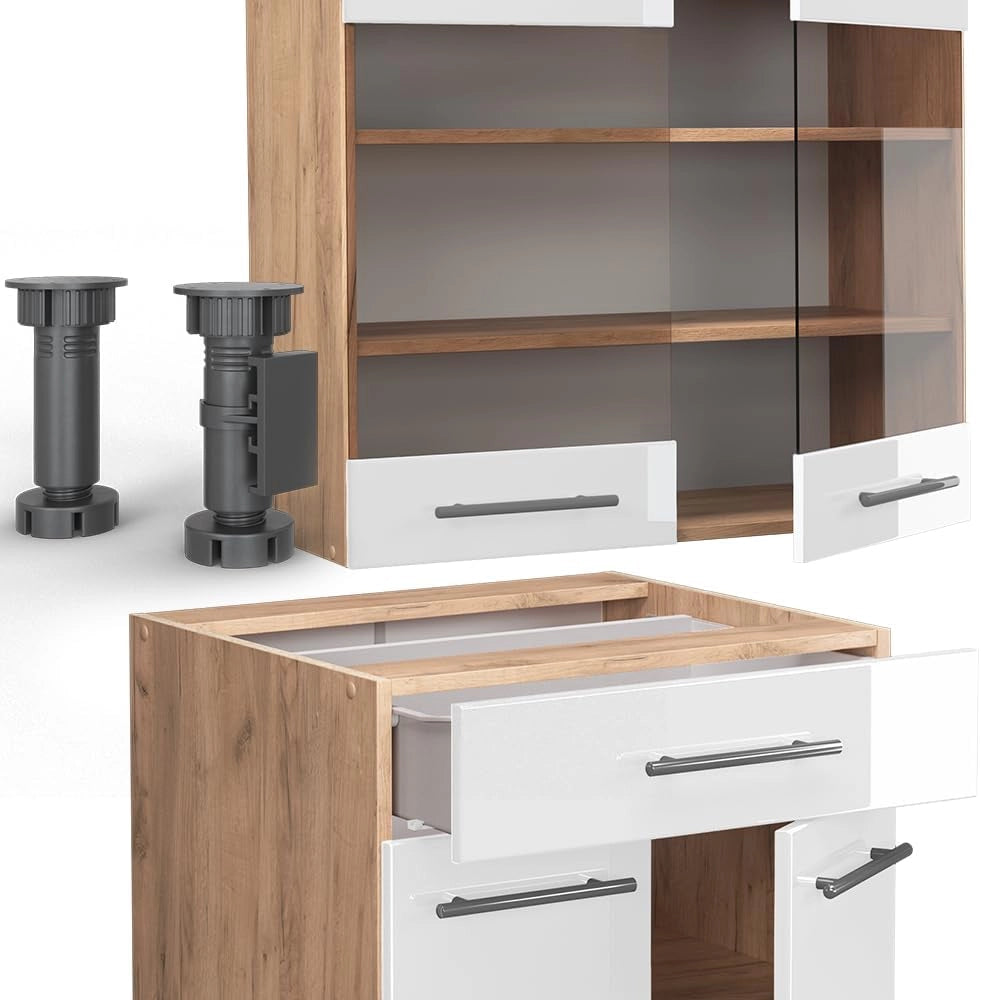 Cucina completa Fame-Line, Bianco lucido/oro power oak, 140 cm senza piano di lavoro, per la libera combinazione con moduli cucina aggiuntivi