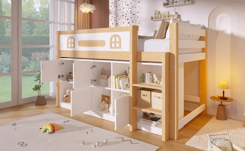 Letto a soppalco 90 × 200 cm con lavagna, ripiani e scala, senza materasso, bianco e naturale