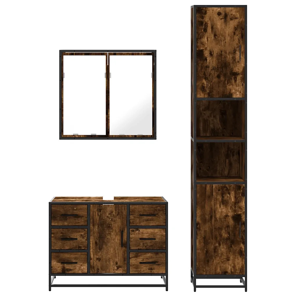 Set Mobili da Bagno 3 pz Rovere Fumo in Legno Multistrato