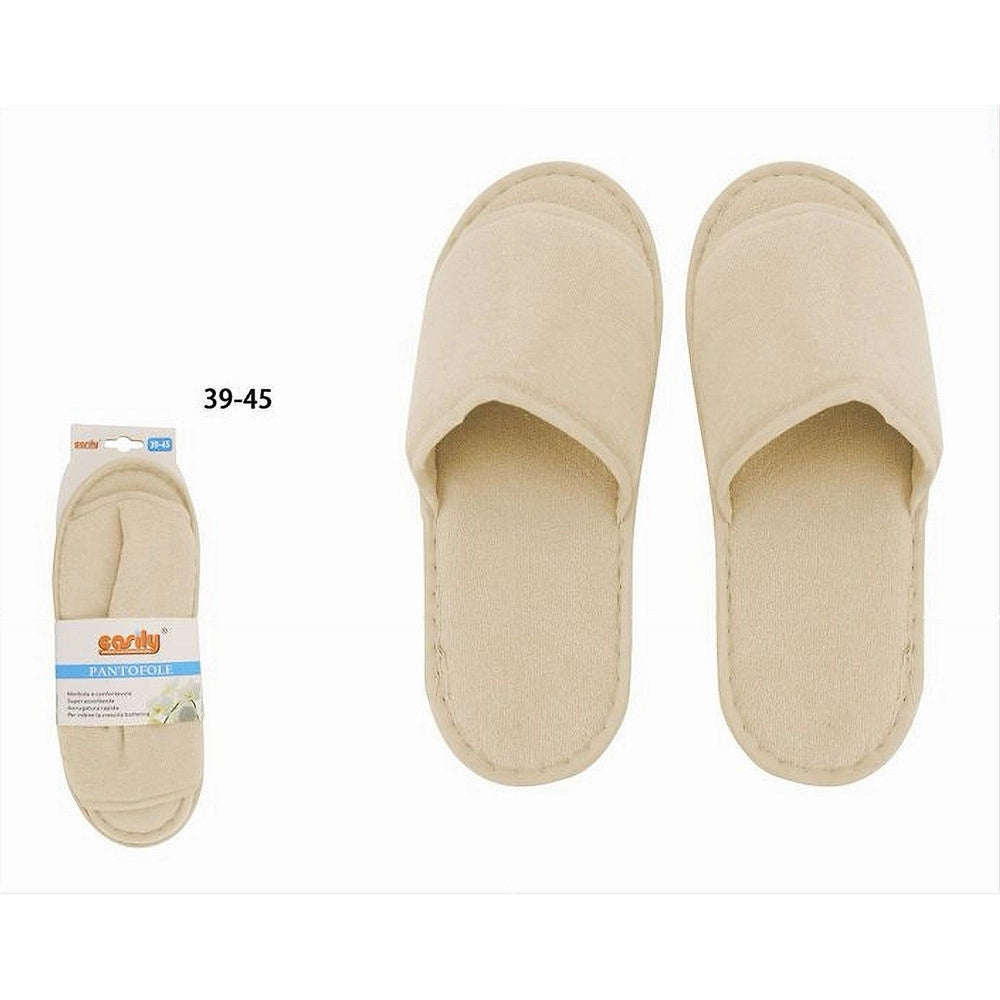 Trade Shop - Coppia Pantofole Ciabatte Bagno In Tessuto Beige Taglia 39-45 Stanza Hotel 79681 -