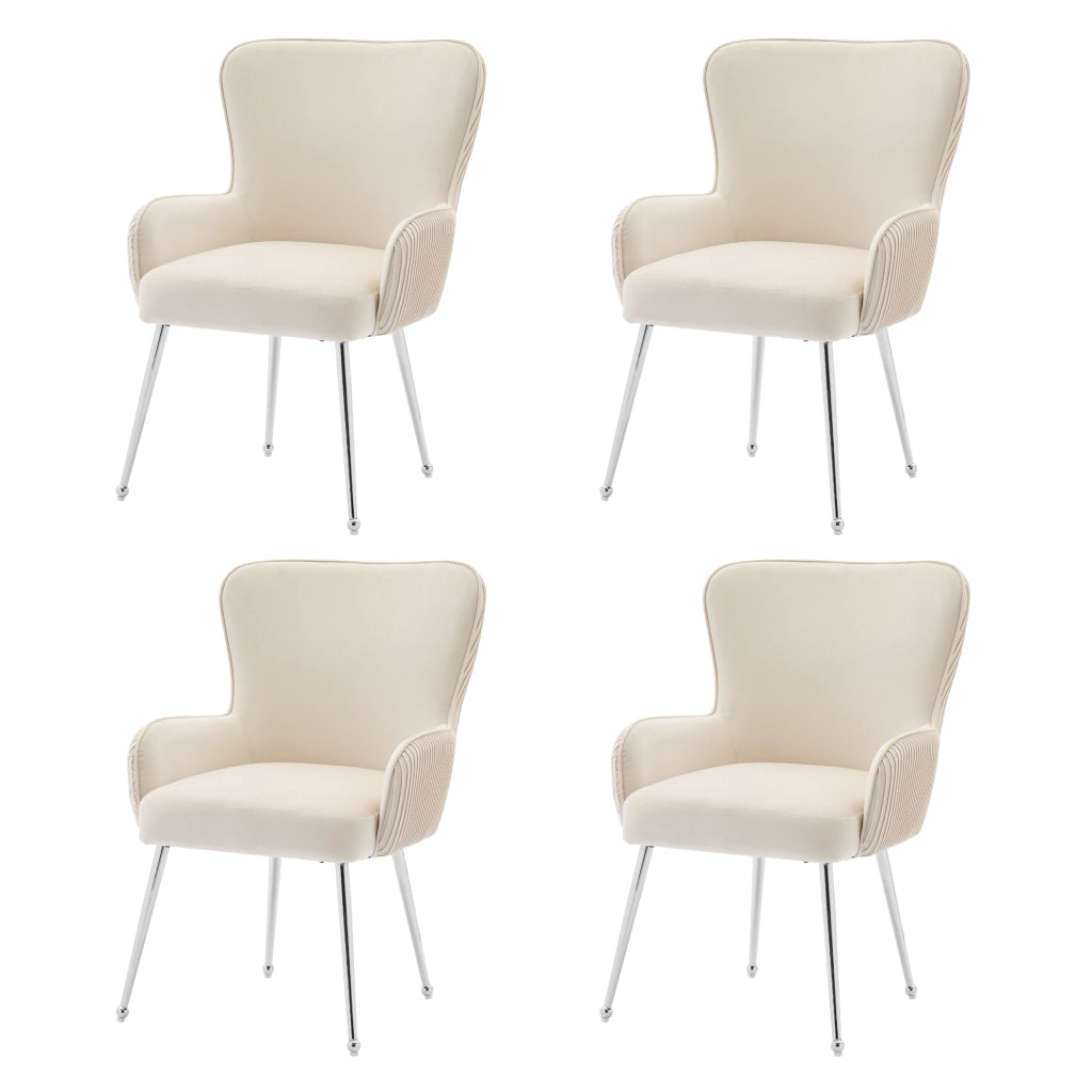 Sedia da pranzo 4 pezzi con braccioli e supporto lombare, schienale plissettato, in velluto e metallo beige