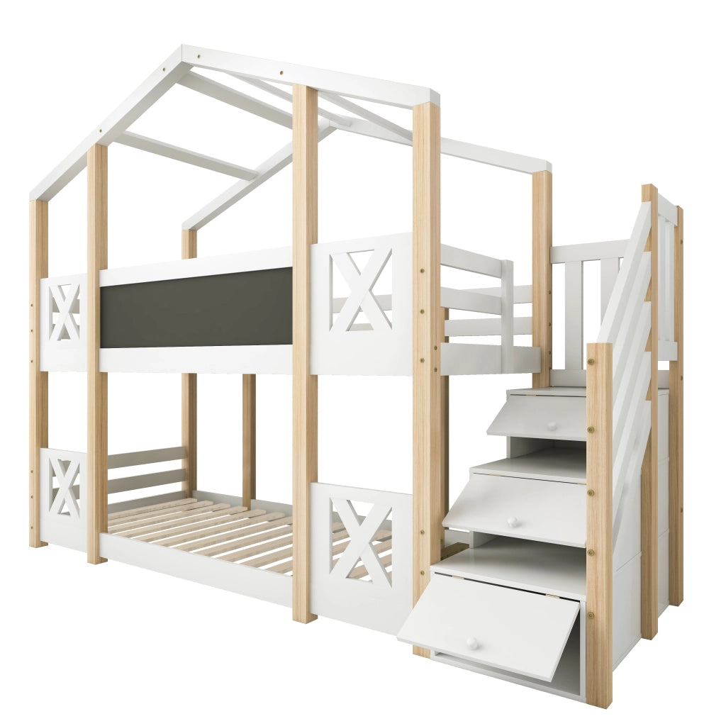 Letto a Castello 90×200 cm; Letto Singolo con Scala Contenitore; Lavagna e Sponde; senza Materasso