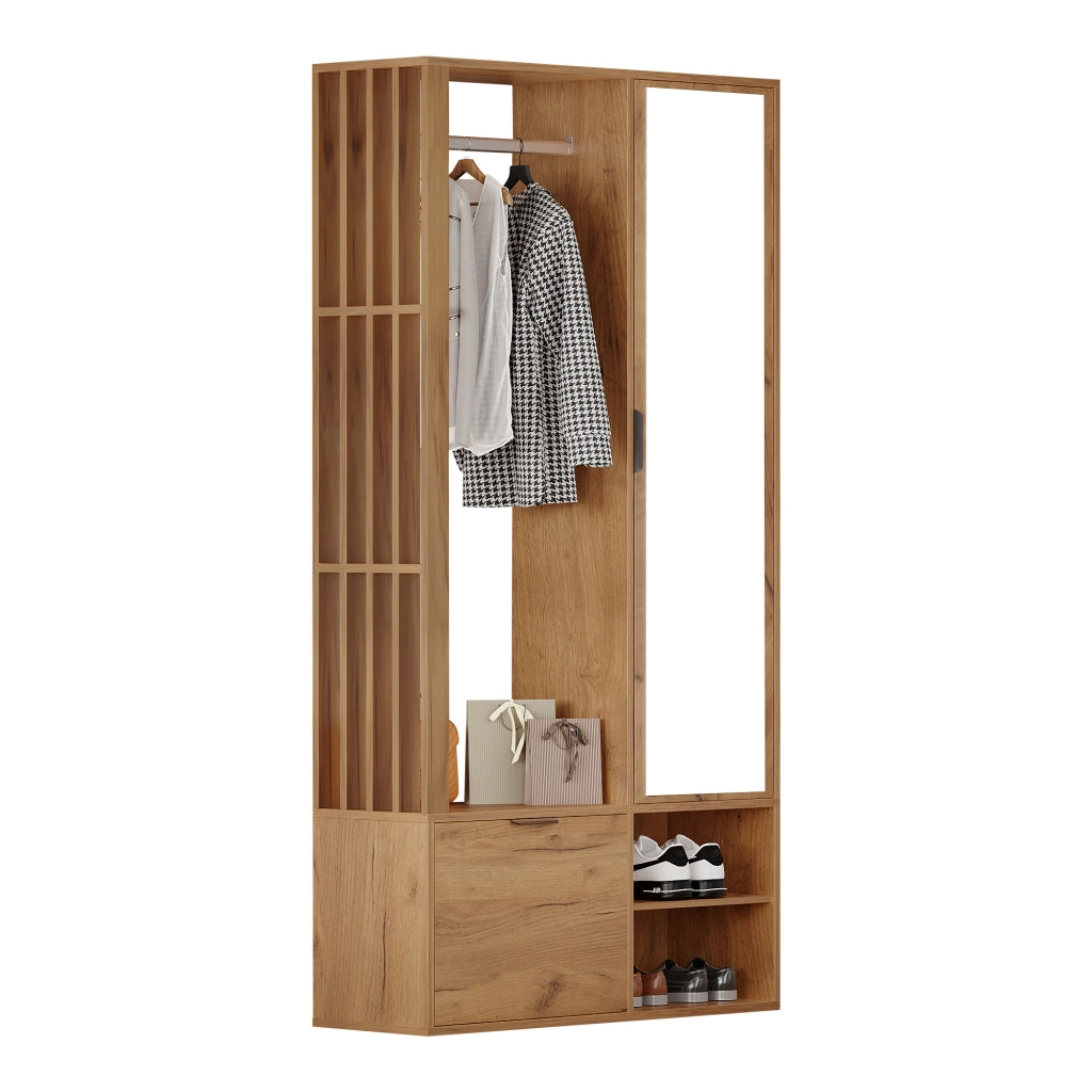 Mobile da Ingresso con 2 Armadi; 9 Vani; Barra Appendiabiti; Specchio; per Ingresso in Truciolare 100×33×190 cm
