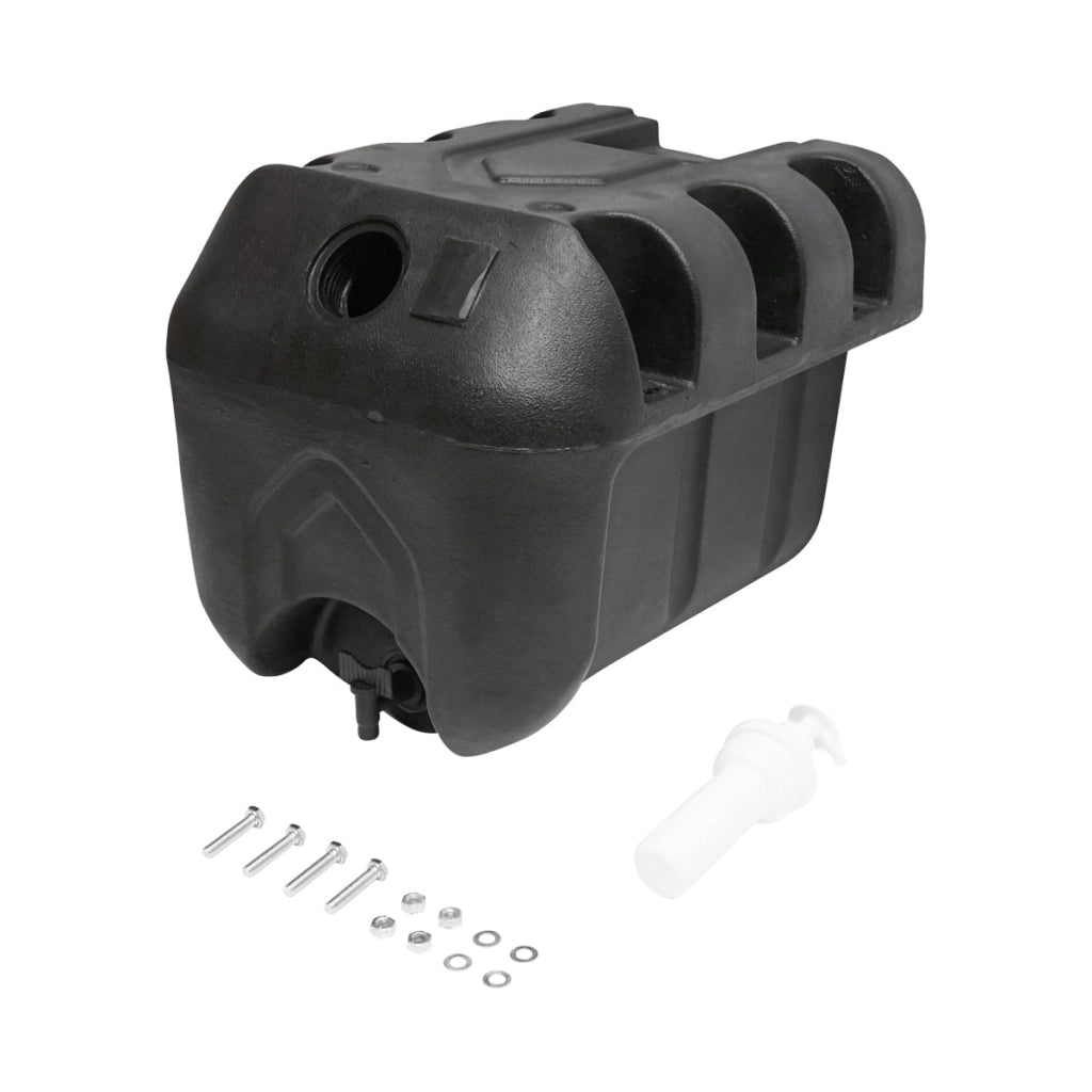 Serbatoio per acqua 30L con rubinetto e dosatore di sapone da 250 ml, in plastica nera, dimensioni 332x420x331 mm