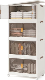 Contenitori da Stoccaggio Pieghevoli con Coperchio da 213/284 L, Scatole Impilabili a 3/4 Piani con Ruote, Organizzatore Pieghevole con Porte per Camera da Letto Soggiorno (65 x 39 x 142 cm)