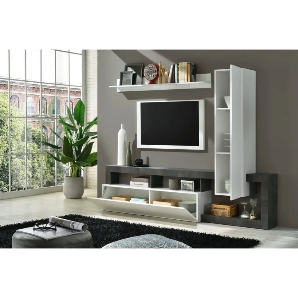 Set di mobili da soggiorno con contenitori 220 cm, collezione BURA, bianco lucido/grigio antracite