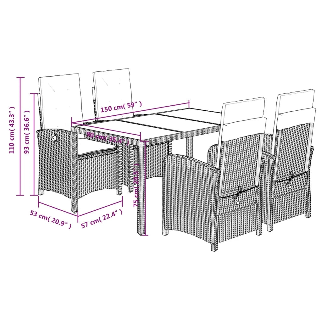 Set da Pranzo da Giardino 5 pz Nero con Cuscini in Polyrattan