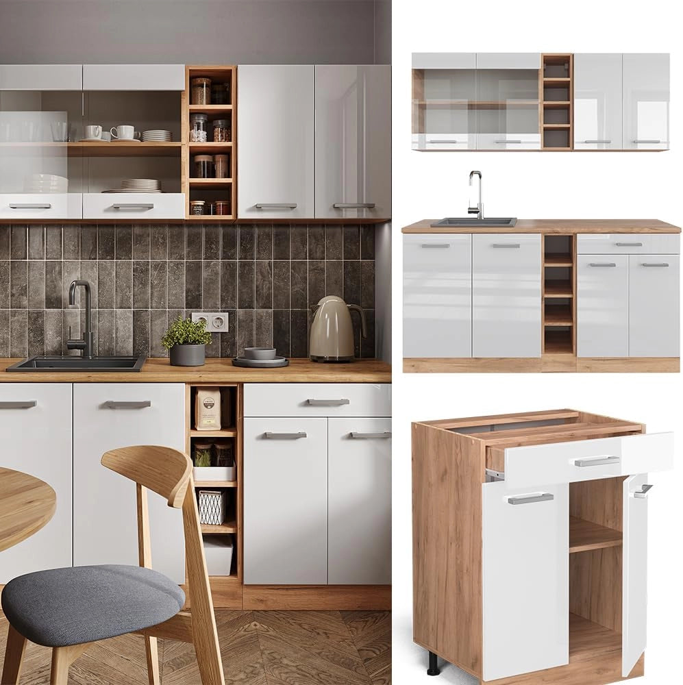 Cucina completa R-Line, Bianco lucido/oro power oak, 160 cm, PL Marmo, adatto per combinazioni ed espansioni personalizzate