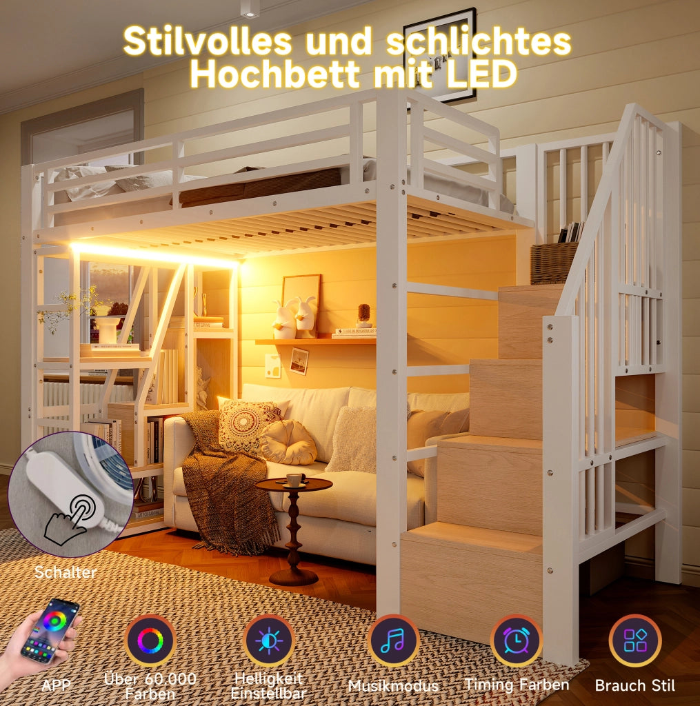 Letto a soppalco 90x200 cm in metallo e MDF con LED; scala con contenitore; bianco