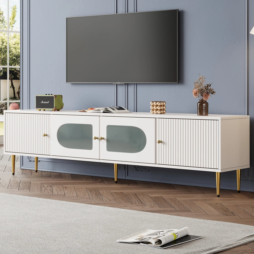 Mobile porta TV con 4 ante, 2 vani con vetro arcuato e 2 fori passacavi, per soggiorno, truciolato bianco, 170 × 35 × 50 cm