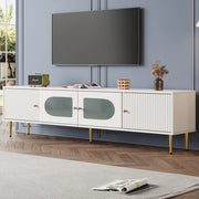Mobile porta TV con 4 ante, 2 vani con vetro arcuato e 2 fori passacavi, per soggiorno, truciolato bianco, 170 × 35 × 50 cm