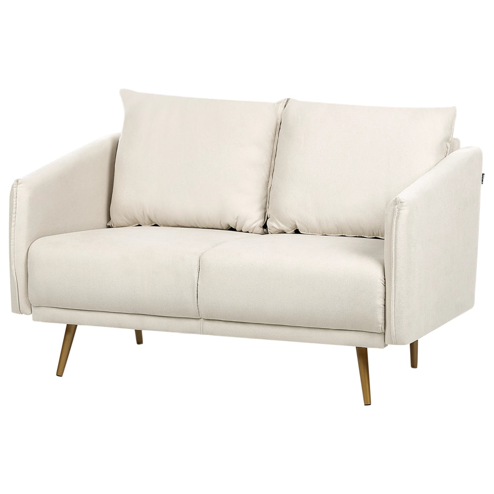 Divano Tessuto Beige 2 Posti Schienale Imbottito Gambe In Metallo Dorato Retrò Glam