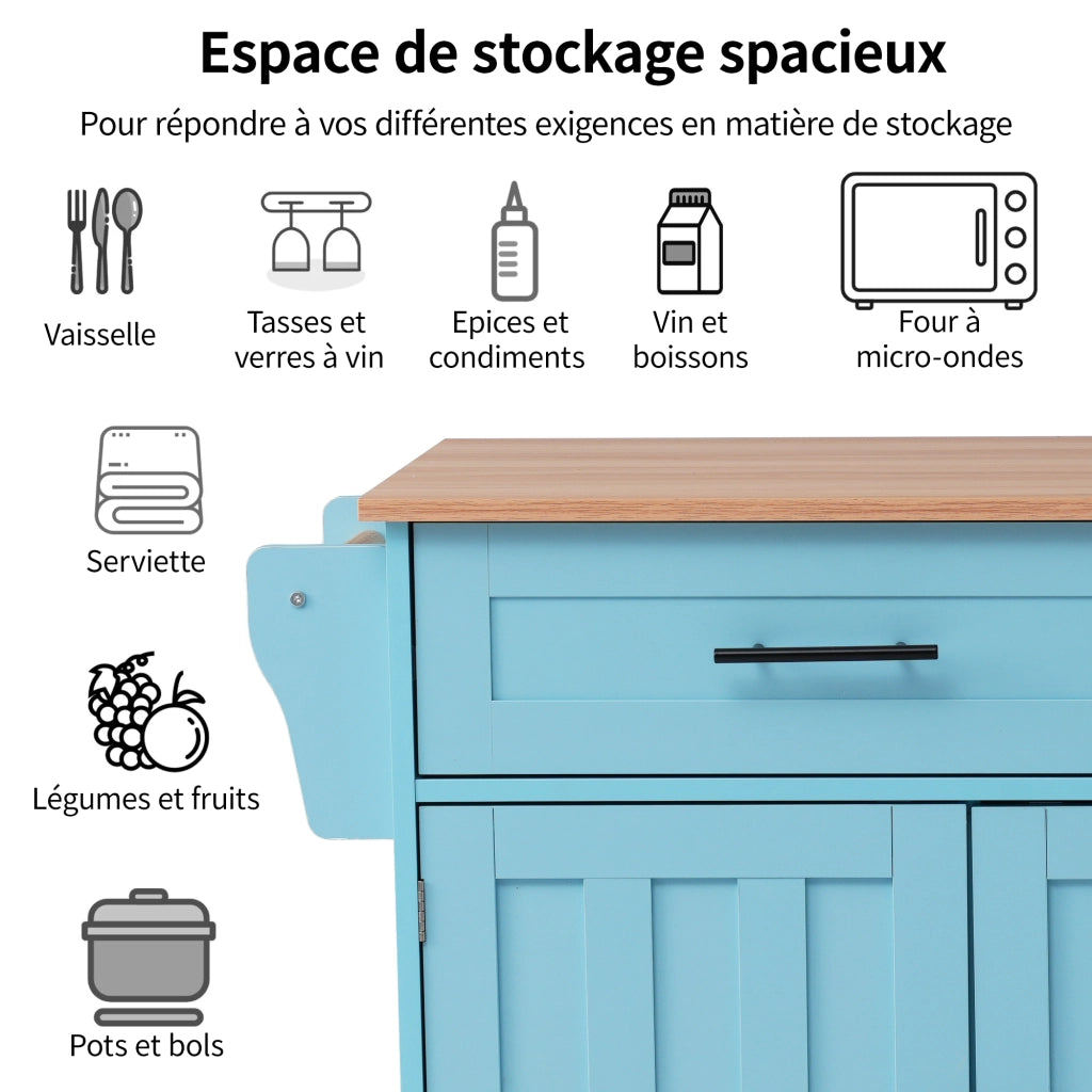 CARRELLO DA CUCINA 129x71x91,5 cm Blu MDF con piano ribaltabile