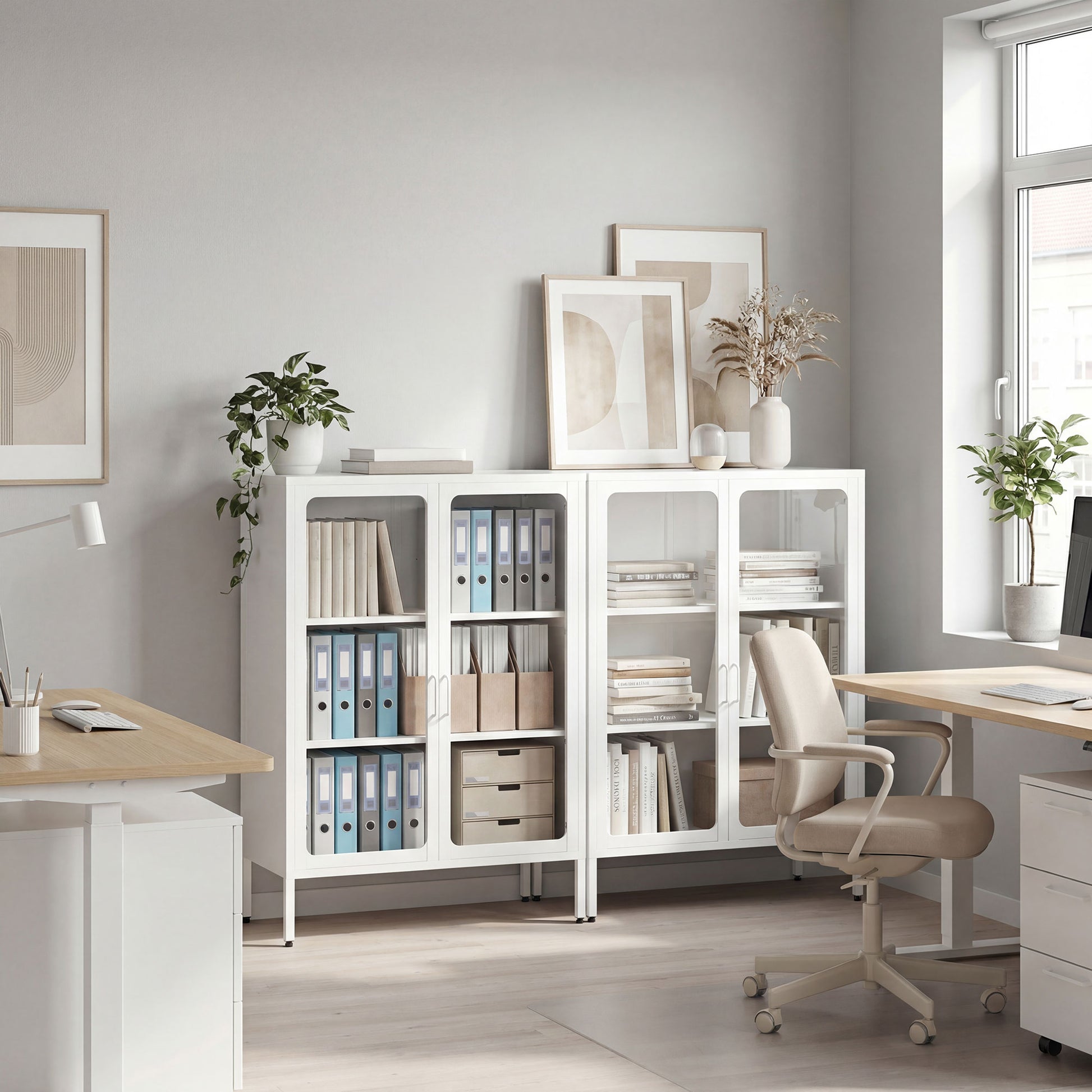 Mobile Portadocumenti 80x40x110 cm con 2 Ante in Vetro e Ripiani Regolabili in Acciaio Bianco