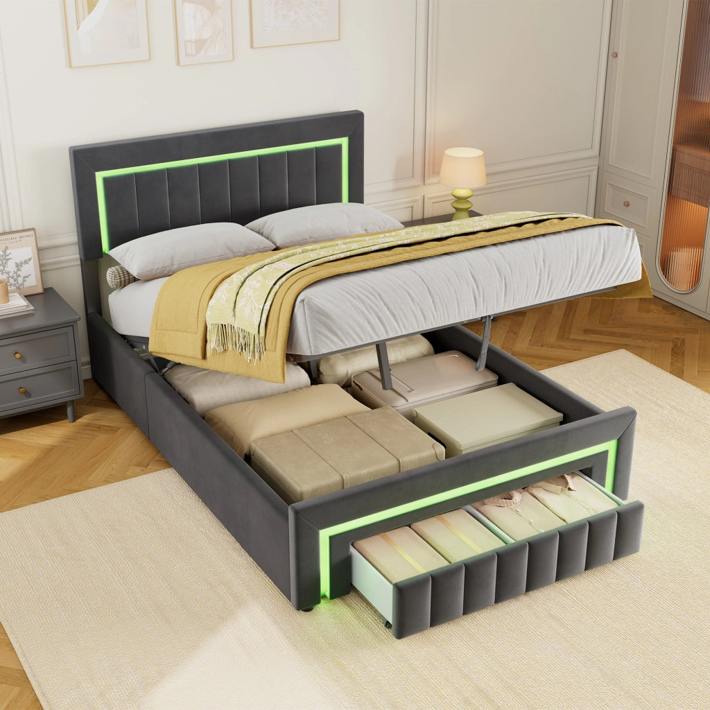 Letto matrimoniale imbottito in velluto grigio con LED e contenitore 140x190 cm