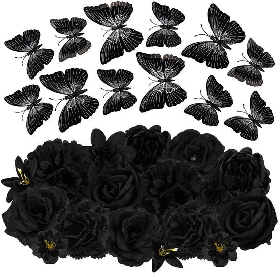 Fiori fittili 28 pezzi - Farfalle 3D - Fiori fittili neri - Decorazione per matrimoni - Lavorazione fai-da-te - Decorazioni riciclabili - Fiori artificiali