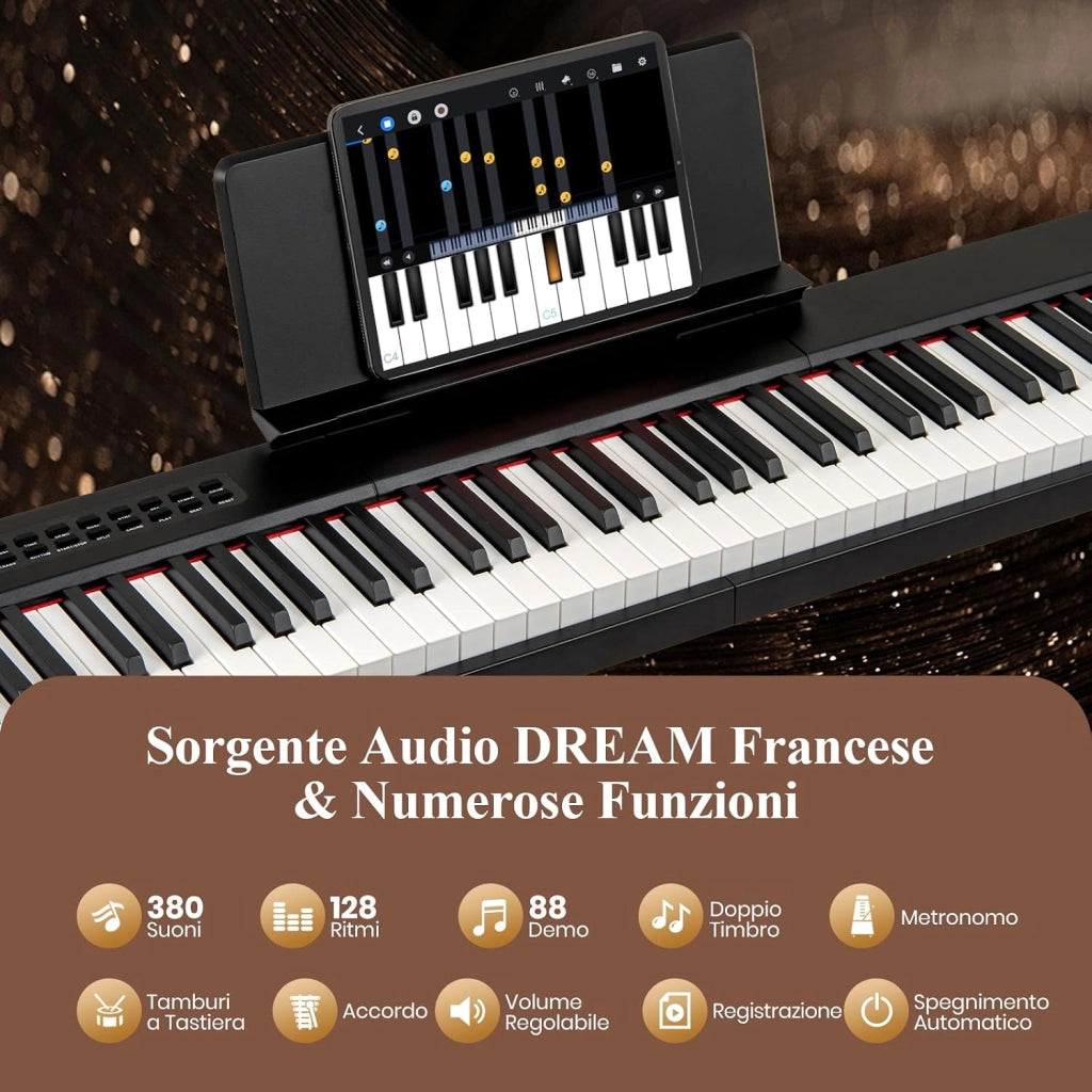Pianoforte Digitale a 88 Tasti, Tastiera Elettrica per Principianti con 380 Timbri, 128 Ritmi e 88 Demo, Pianola Tastiera Portatile e Leggera con Borsa da Trasporto (Nero)
