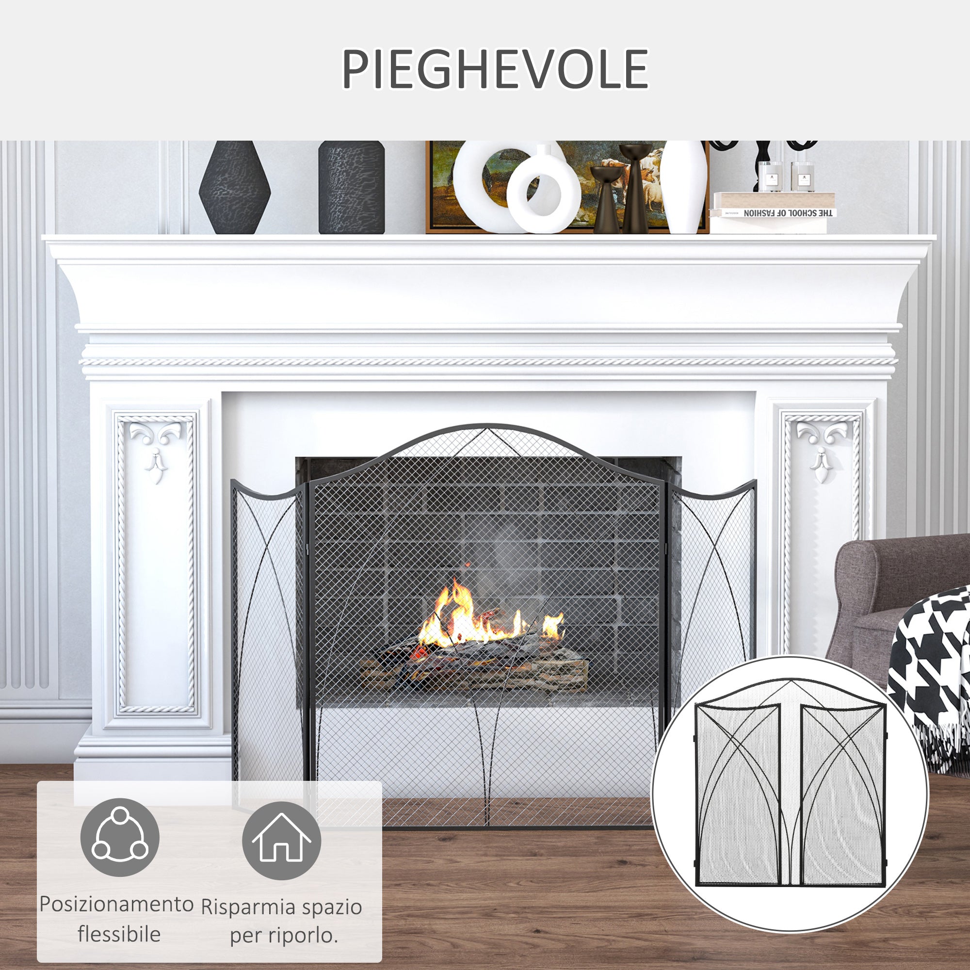 Parascintille con Antine 126x2x76 cm Pieghevole a 3 Pannelli in Metallo Nero