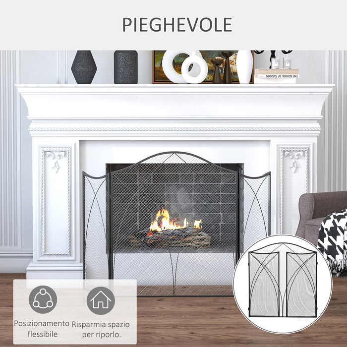 Parascintille con Antine 126x2x76 cm Pieghevole a 3 Pannelli in Metallo Nero