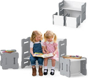 Set Tavolo e Sedia per Bambini, Set 3 Pezzi per Bambini con 2 Sgabelli e Tavolo Attività, Angoli Arrotondati e Maniglia, Mobili Multifunzionali per Casa, Scuola e Asilo (Grigio)