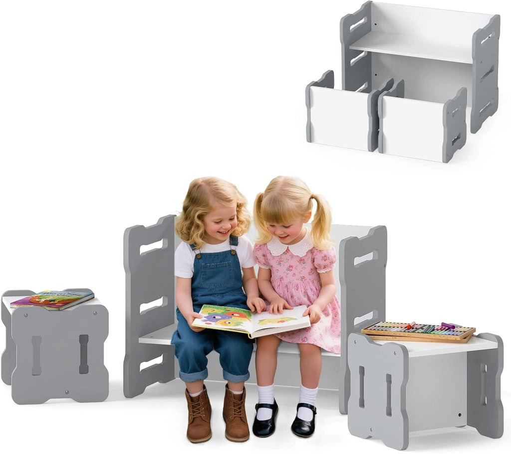 Set Tavolo e Sedia per Bambini, Set 3 Pezzi per Bambini con 2 Sgabelli e Tavolo Attività, Angoli Arrotondati e Maniglia, Mobili Multifunzionali per Casa, Scuola e Asilo (Grigio)